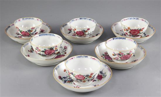 A set of six Chinese famille rose and underglaze blue teabowls and saucers, Qianlong period, saucer 12.5cm diameter